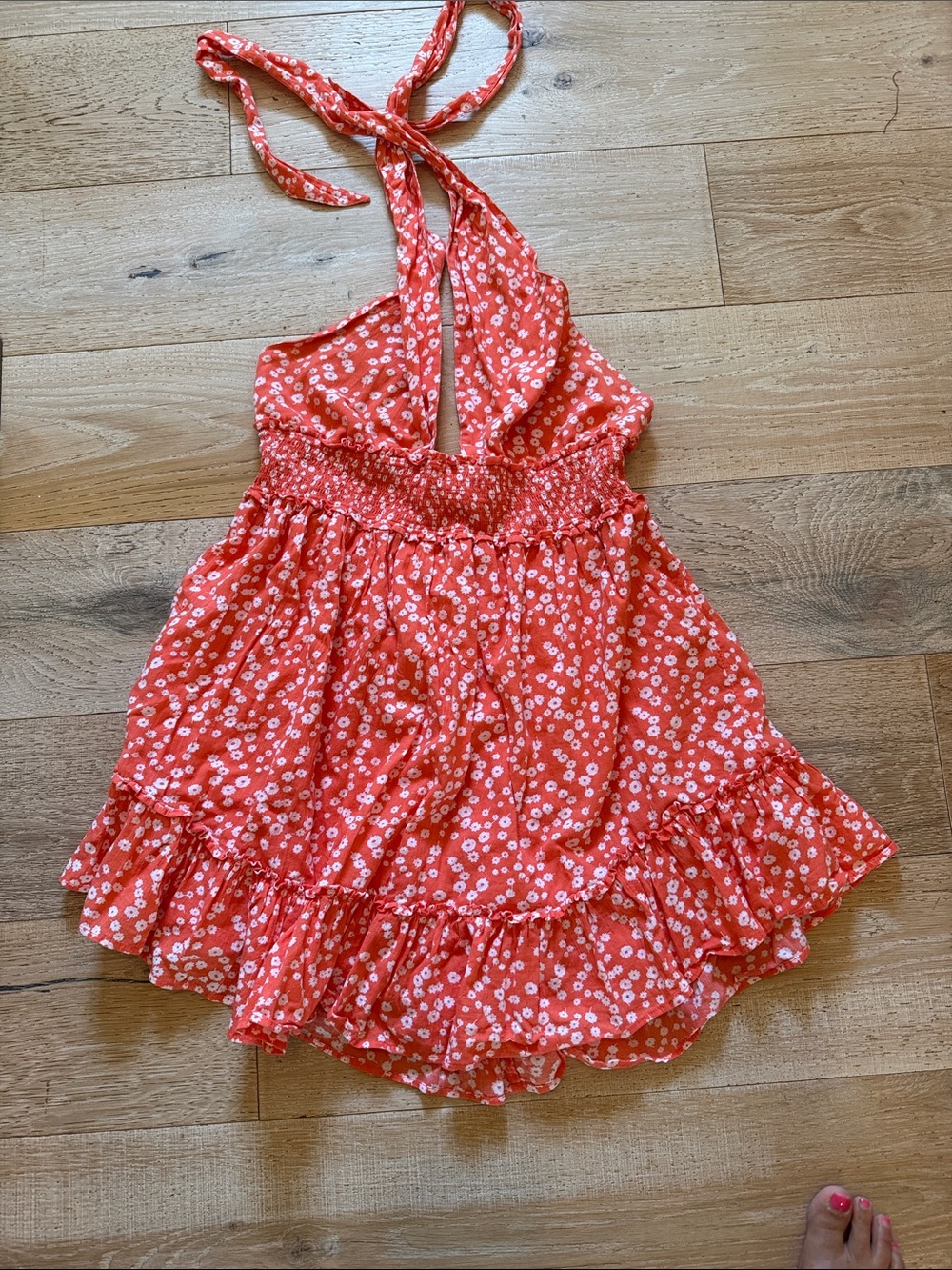 aerie orange Floral Halter Ruffle Mini Dress